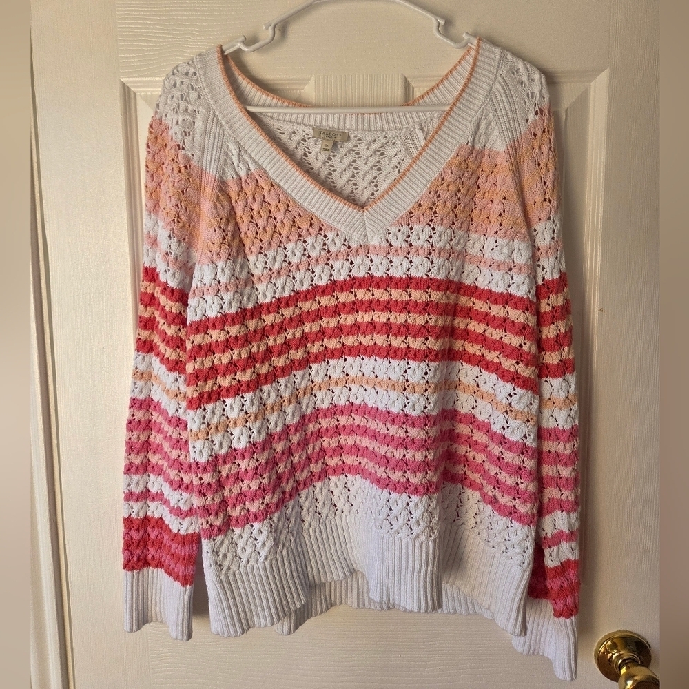 Talbots Knit Sweater Pullover 1X Open Stitch V-Neck Pullover Multi Stripe $100